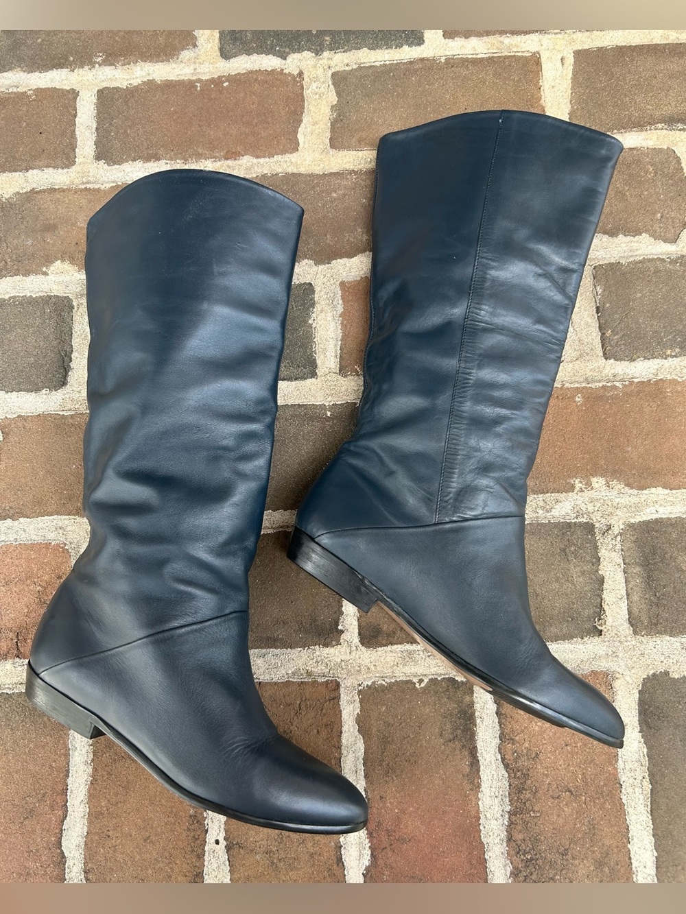 Vintage 80s navy blue leather flat pirate slouch cuff boots 8.5